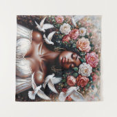 Schwarze Frau mit Tauben und Blume Wandteppich (Vorderseite (Horizontal))