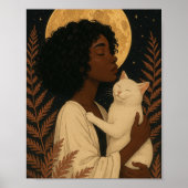 Schwarze Frau mit weißer Katze unter Vollmond-Post Poster (Vorne)