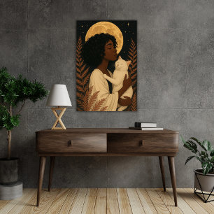 Schwarze Frau mit weißer Katze unter Vollmond-Post Poster