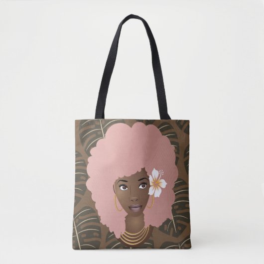 Schwarze Frau, rosa Afro, Blattmuster, braun Tasche (Vorderseite)