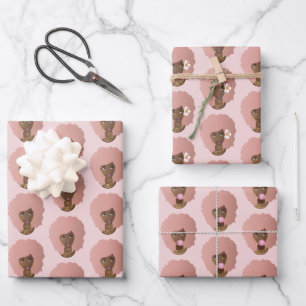 Schwarze Frau, rosa Afro, natürliches Haar, rosa Geschenkpapier Set