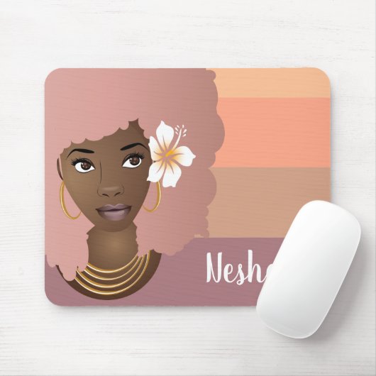 Schwarze Frau rosa Afro, orange rosa Lila Streifen Mousepad (Mit Mouse)