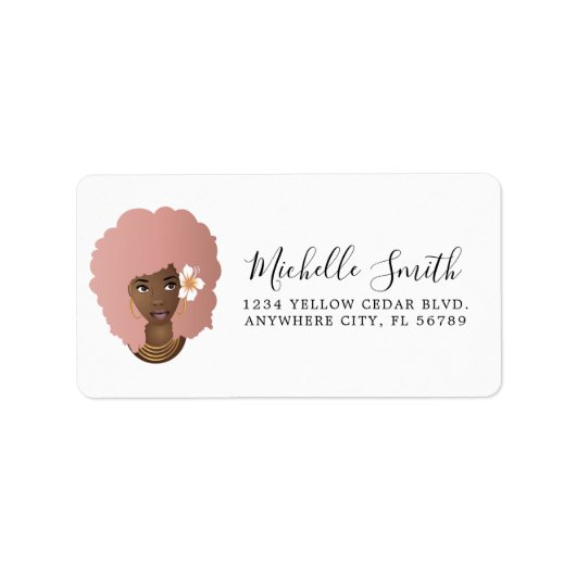 Schwarze Frau, rosa Naturhaar Afro mit Blume Adressaufkleber (Vorne)