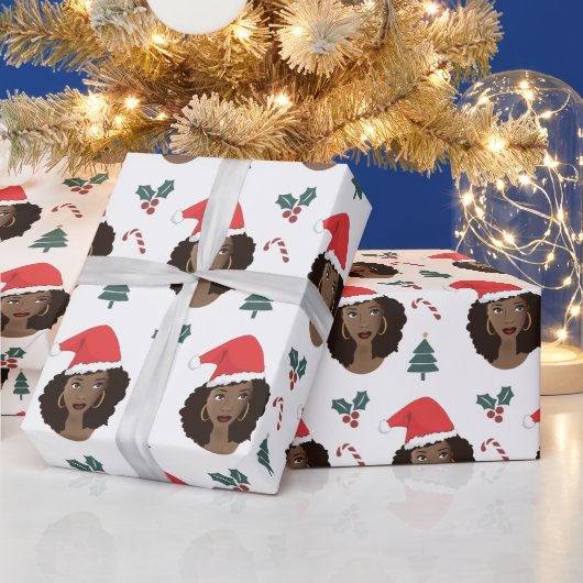 Schwarze Frau, Rote Weihnachtsmannmütze, Weihnacht Geschenkpapier (Feiertage)