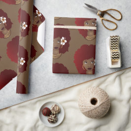 Schwarze Frau, Rotes Afro mit Blume, braun Geschenkpapier