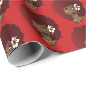 Schwarze Frau, Rotes Afro mit Blume, Rot Geschenkpapier (Rolleneckpunkt)