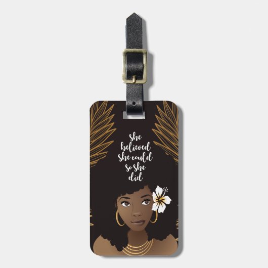 Schwarze Frau, sie glaubte, sie könnte, Gold und S Gepäckanhänger (Vorderseite vertikal)