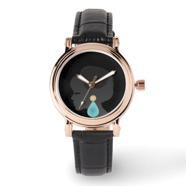 Schwarze Frau Silhouette Dunkler Glamour Armbanduhr (Vorderseite)