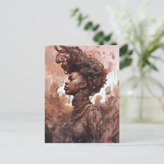 Schwarze Frau surreale Science Fiction Kunst Postkarte (Stehend Vorderseite)