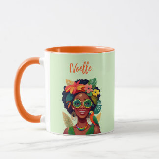 Schwarze Frau, tropische Blume und Papagei Tasse