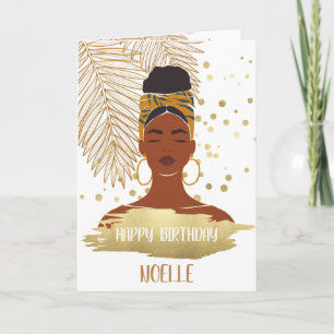 Schwarze Frau, tropisches Gold Leaf, Geburtstag Karte
