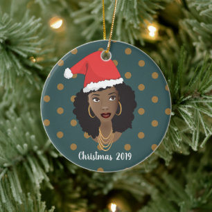Schwarze Frau, Weihnachten Weihnachtsmannmütze, Po Keramik Ornament