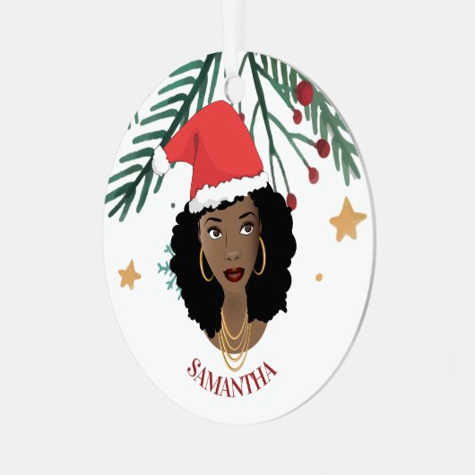 Schwarze Frau, Weihnachts-Rote Weihnachtsmannmütze Ornament Aus Metall (Vorderseite links)