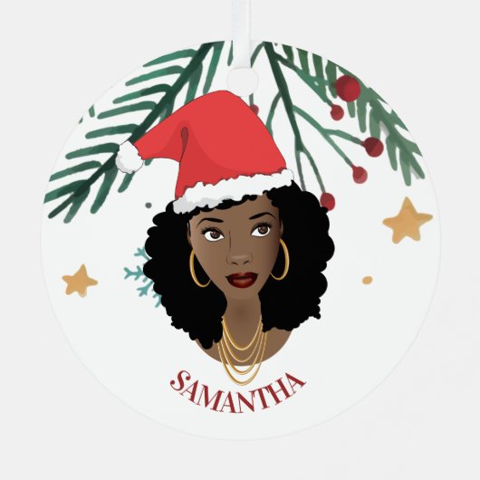Schwarze Frau, Weihnachts-Rote Weihnachtsmannmütze Ornament Aus Metall (Rückseite)