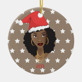 Schwarze Frau, Weihnachtsmannmütze, Muster der wei Keramik Ornament