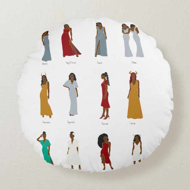 Schwarze Frau Zodiac Pillow Rundes Kissen (Vorderseite)