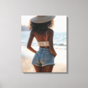 Schwarze Frauen am Strand tragen Sommerhut Leinwanddruck