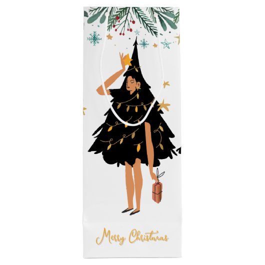 Schwarze Frauen im Schwarzen Weihnachtsbaum-Party Geschenktüte Für Weinflaschen (Rückseite)