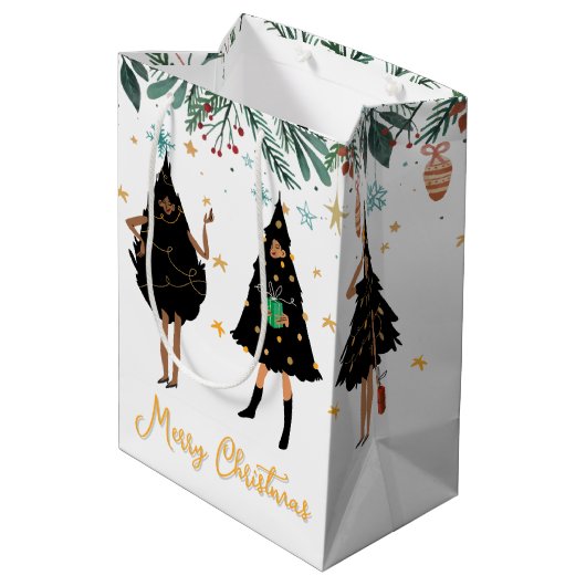 Schwarze Frauen im Schwarzen Weihnachtsbaum-Party Mittlere Geschenktüte (Rückseite Schrägansicht)