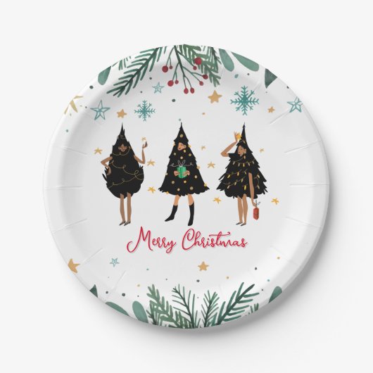 Schwarze Frauen im Schwarzen Weihnachtsbaum-Party  Pappteller (Vorderseite)