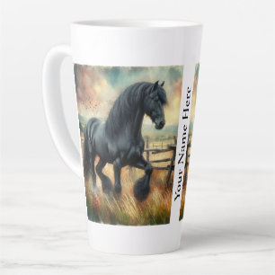Schwarze Friesen Pferdeweide Rustikaler Zaun Milchtasse