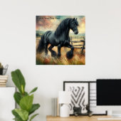 Schwarze Friesen Pferdeweide Rustikaler Zaun Poster (Heimbüro)