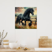 Schwarze Friesen Pferdeweide Rustikaler Zaun Poster (Küche)