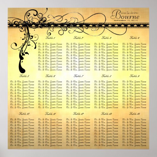 Schwarze Funky Elegante Wirbel Seating Chart Table Poster (Vorne)