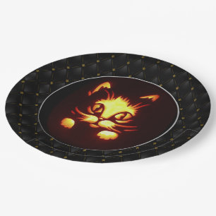 Schwarze Gelbe Orangenblase Halloween-Katze Pappteller