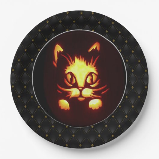 Schwarze Gelbe Orangenblase Halloween-Katze Pappteller (Vorderseite)
