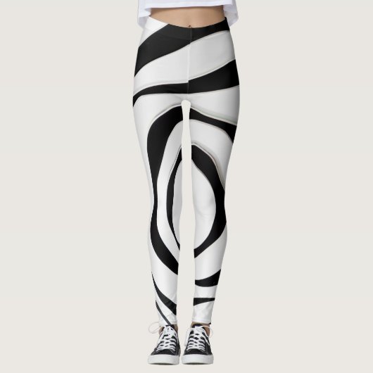 Schwarze geometrische Spiralkonstruktion auf weiße Leggings (Vorderseite)
