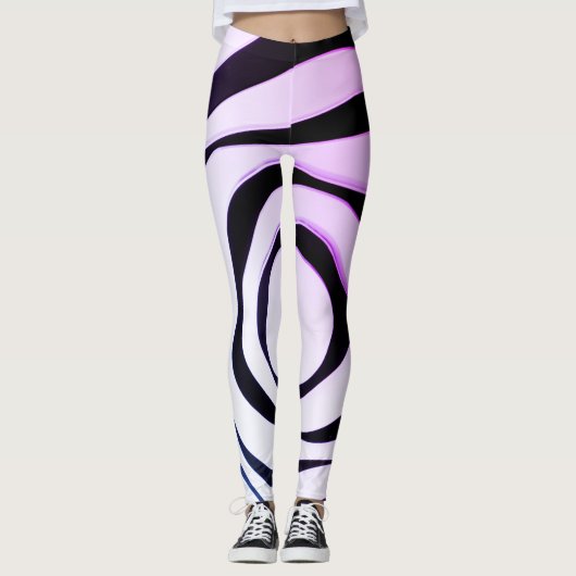 Schwarze geometrische Spiralkonstruktion auf weiße Leggings (Vorderseite)