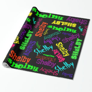 Schwarze Geschenkverpackung Neonfarbe Name Collage Geschenkpapier