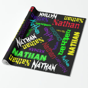 Schwarze Geschenkverpackung Neonfarbe Name Collage Geschenkpapier