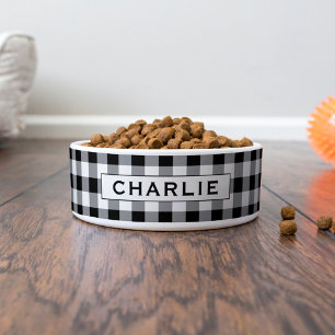 Schwarze Gingham-Karo-Monogramm-Hundename Napf