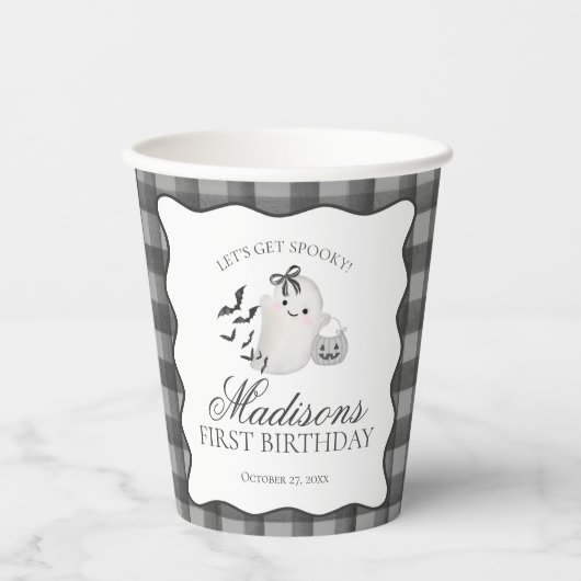 Schwarze Gingham Little Boo Geist Geburtstag Kaffe Pappbecher (Vorderseite)
