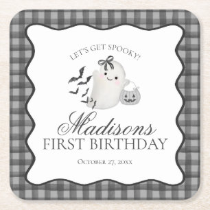 Schwarze Gingham Little Boo Geist Geburtstagsfeier Rechteckiger Pappuntersetzer