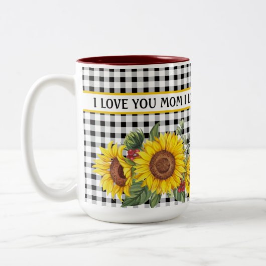 Schwarze Gingham Sonnenblumen kreieren Ihre eigene Zweifarbige Tasse (Links)