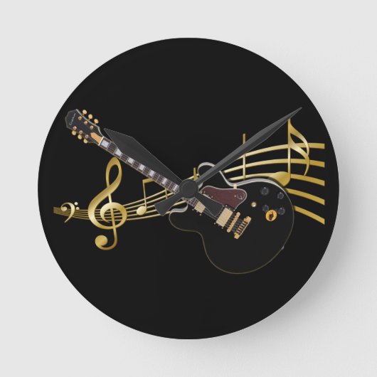 Schwarze Gitarren-und Musik-Kerbe-Wanduhr Runde Wanduhr (Vorderseite)
