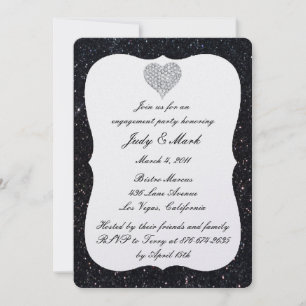 Schwarze Glitter-Diamant-Herz-Verlobungsparty Einladung