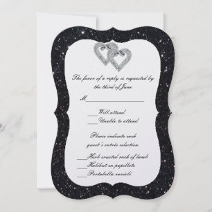 Schwarze Glitter-Diamant-Herzen-Antwortkarte Einladung