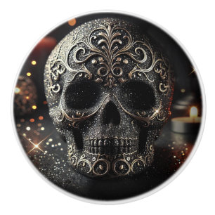 Schwarze Glitter Glam Funkeln Schädel Gothic Keramikknauf