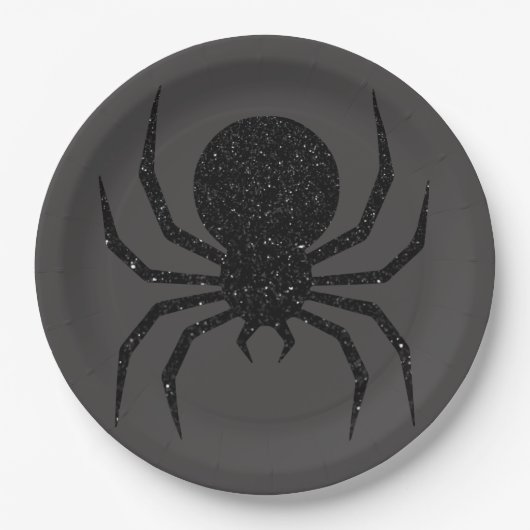 Schwarze Glitter-Spinne Halloween Pappteller (Vorderseite)