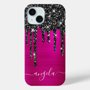 Schwarze Glitter-Tropfen Hot Pink Glam-Signatur Case-Mate iPhone Hülle
