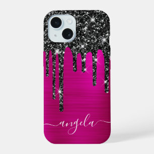 Schwarze Glitter-Tropfen Hot Pink Glam Signatur iPhone 15 Hülle