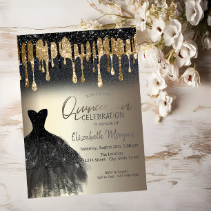 Schwarze Glitter-Tropfen Schwarzes Kleid Goldene Q Einladung