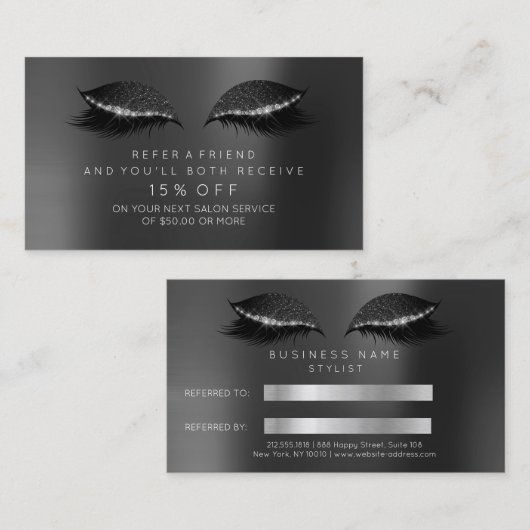Schwarze Glitzer-Lashes-Karte des Salons Makeup1 Empfehlungskarte (Vorne/Hinten)