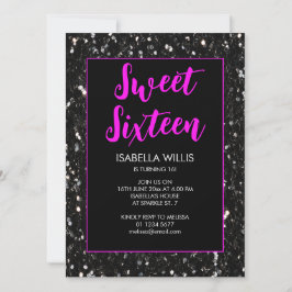 Schwarze Glitzern Sweet 16 neon pink elegante Dreh Einladung