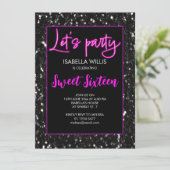Schwarze Glitzern Sweet 16 neon pink lasse Party Einladung (Stehend Vorderseite)