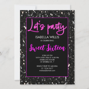 Schwarze Glitzern Sweet 16 neon pink lasse Party Einladung
